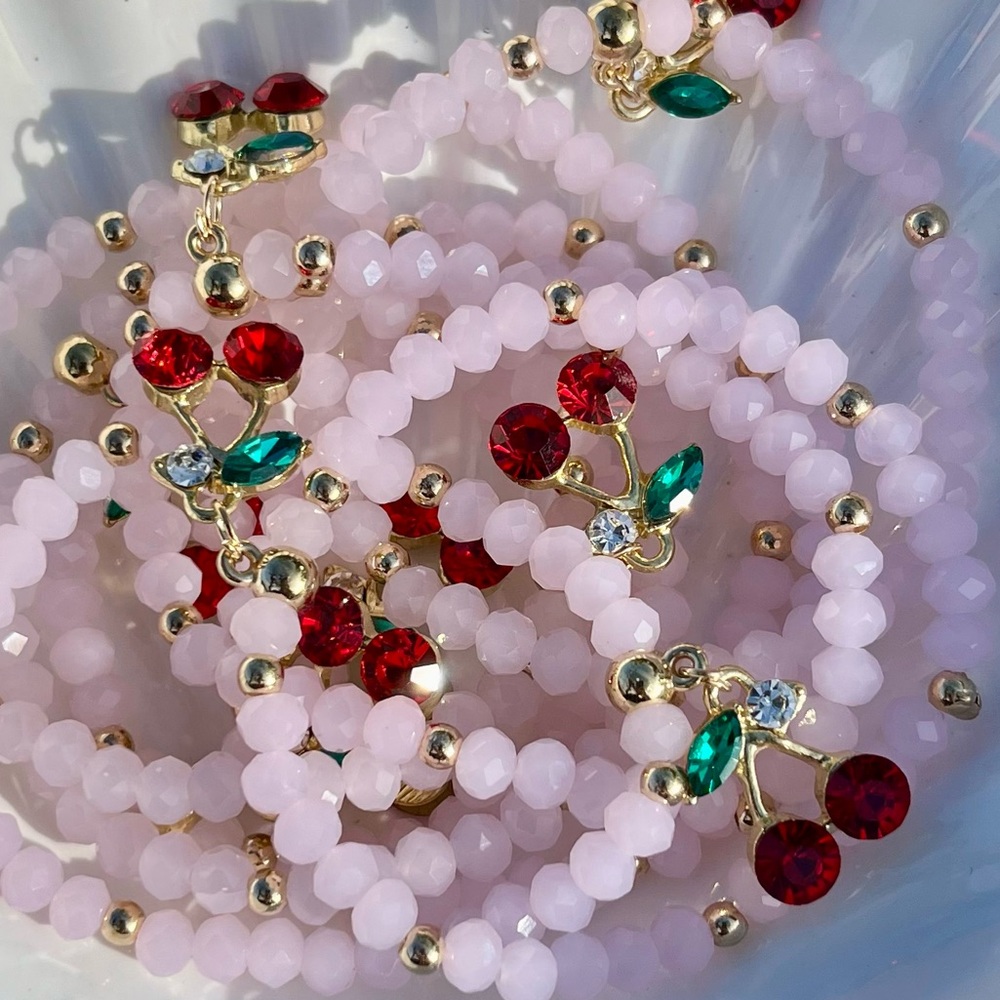Glass Beaded Bracelet With Cherry Charm New